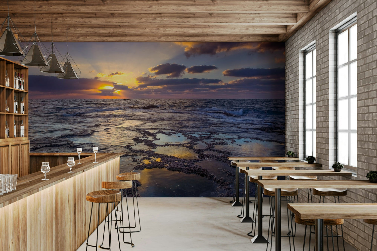Golden Hour shore peel and stick wallpaper in a coastal themed cafe.

