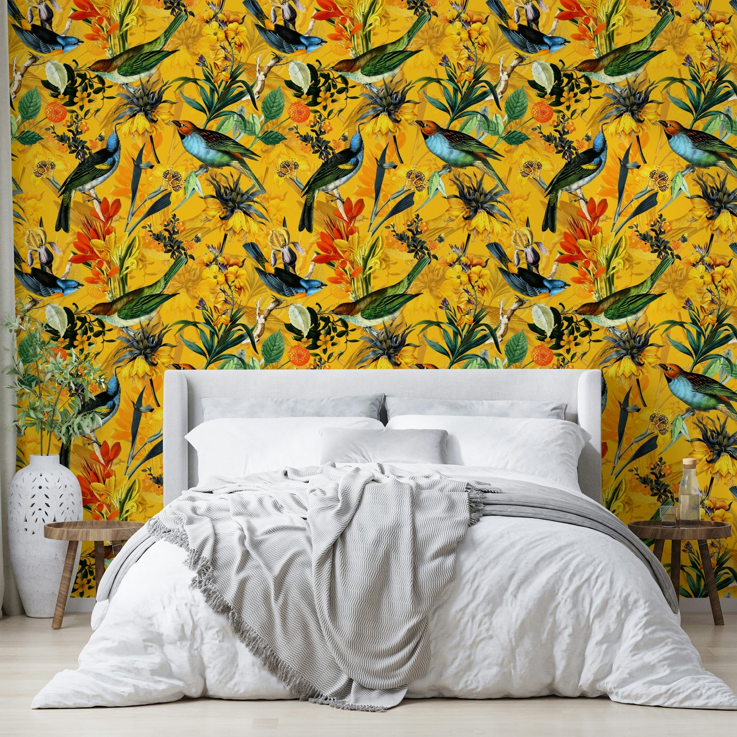 Golden Hour Aviary wall mural with delicate birds amidst sunset colors.

