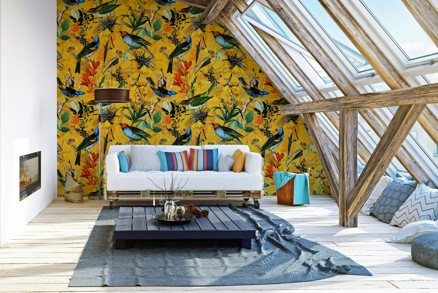 Warm, golden-toned wallpaper with intricate birds and feather patterns.

