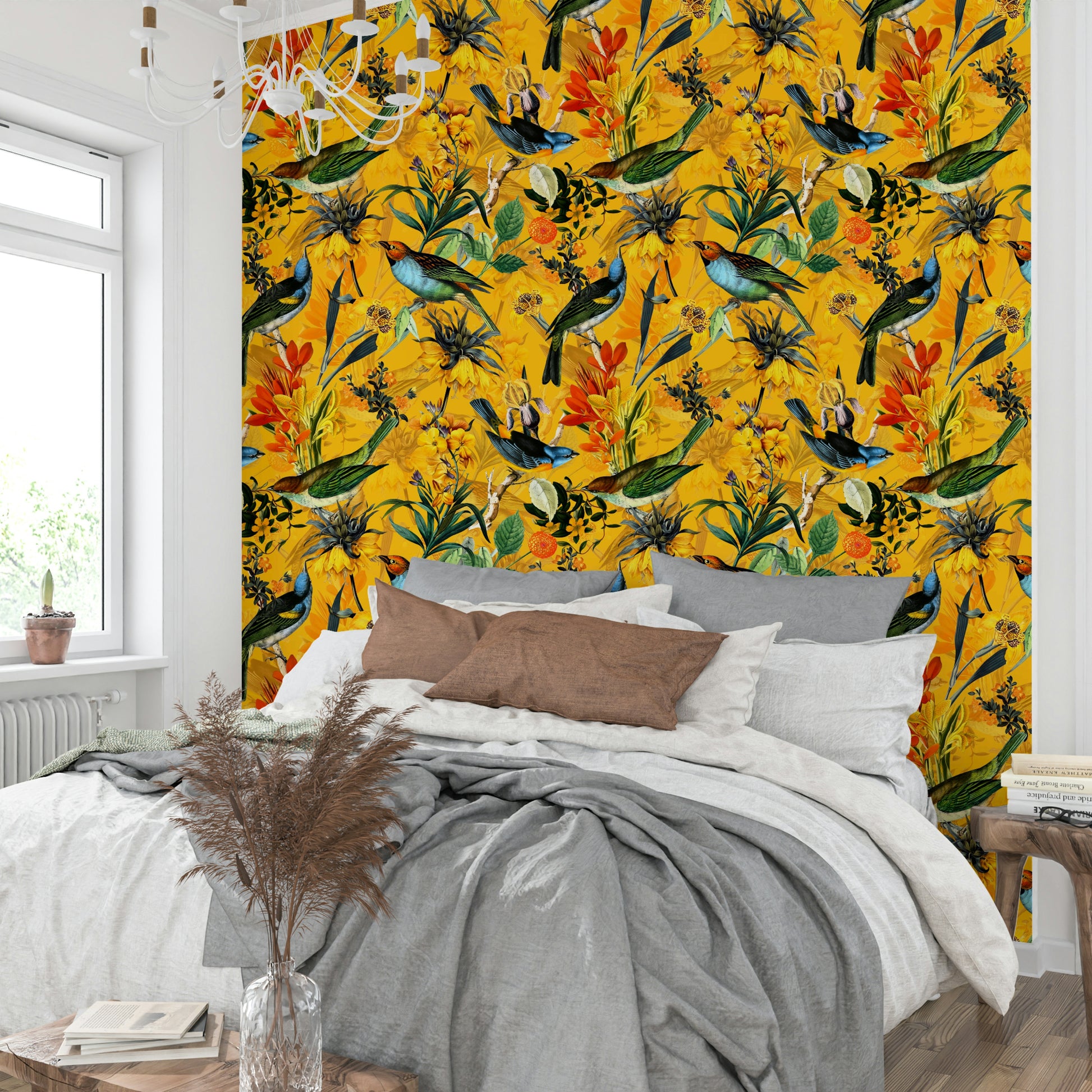 Serene bird wallpaper with golden hues and intricate feather details.

