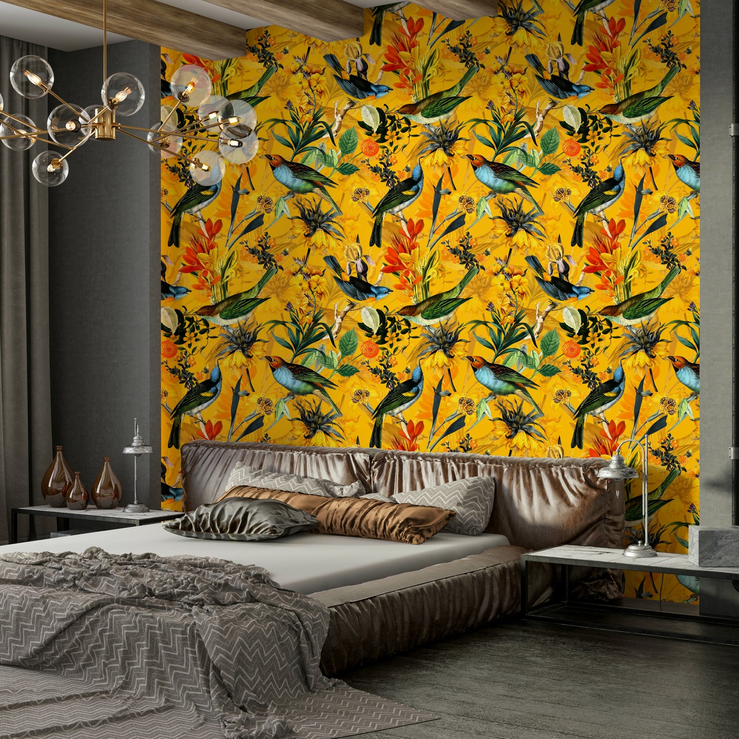 Close-up of Golden Hour Aviary mural with delicate birds and warm tones.

