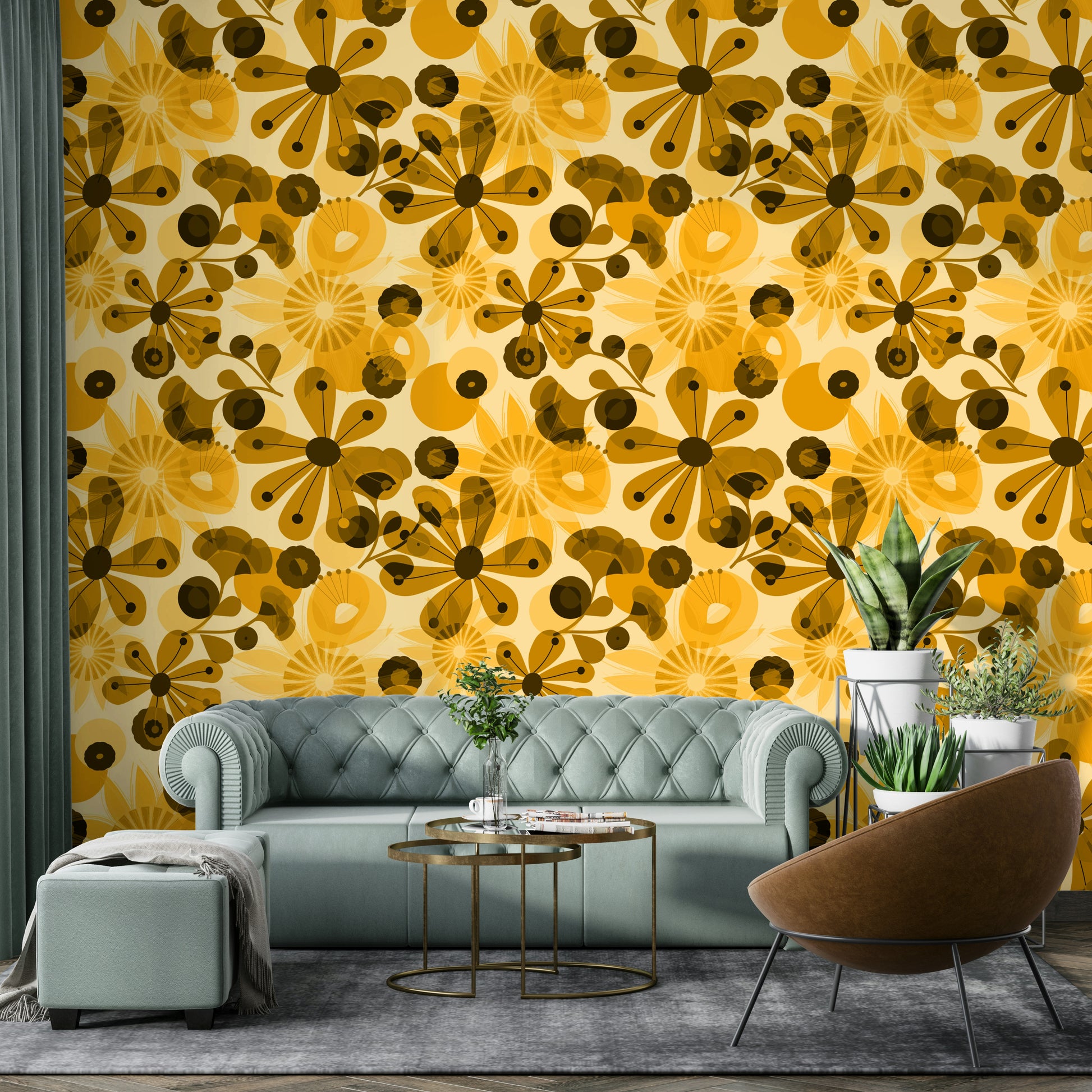 Retro floral golden wallpaper for walls


