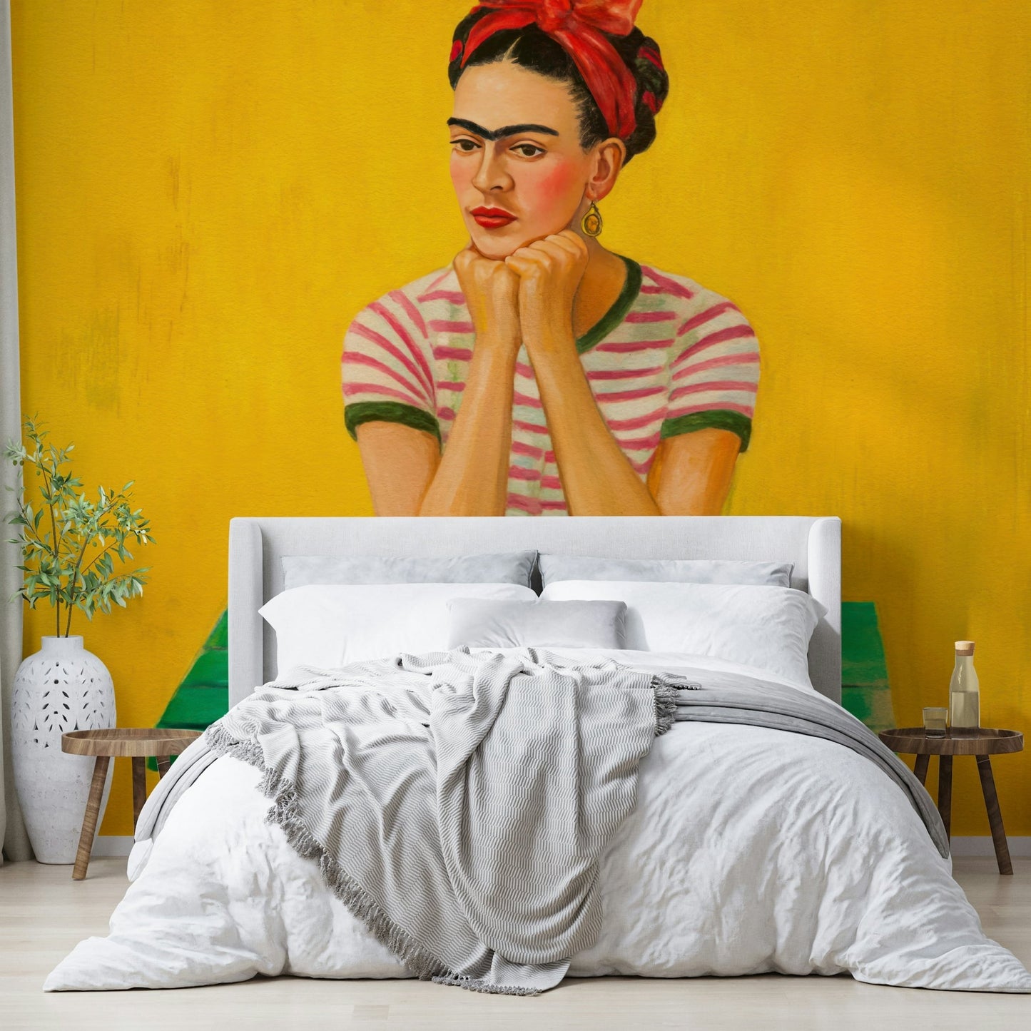 Feminine silhouette mural with golden hour tones

