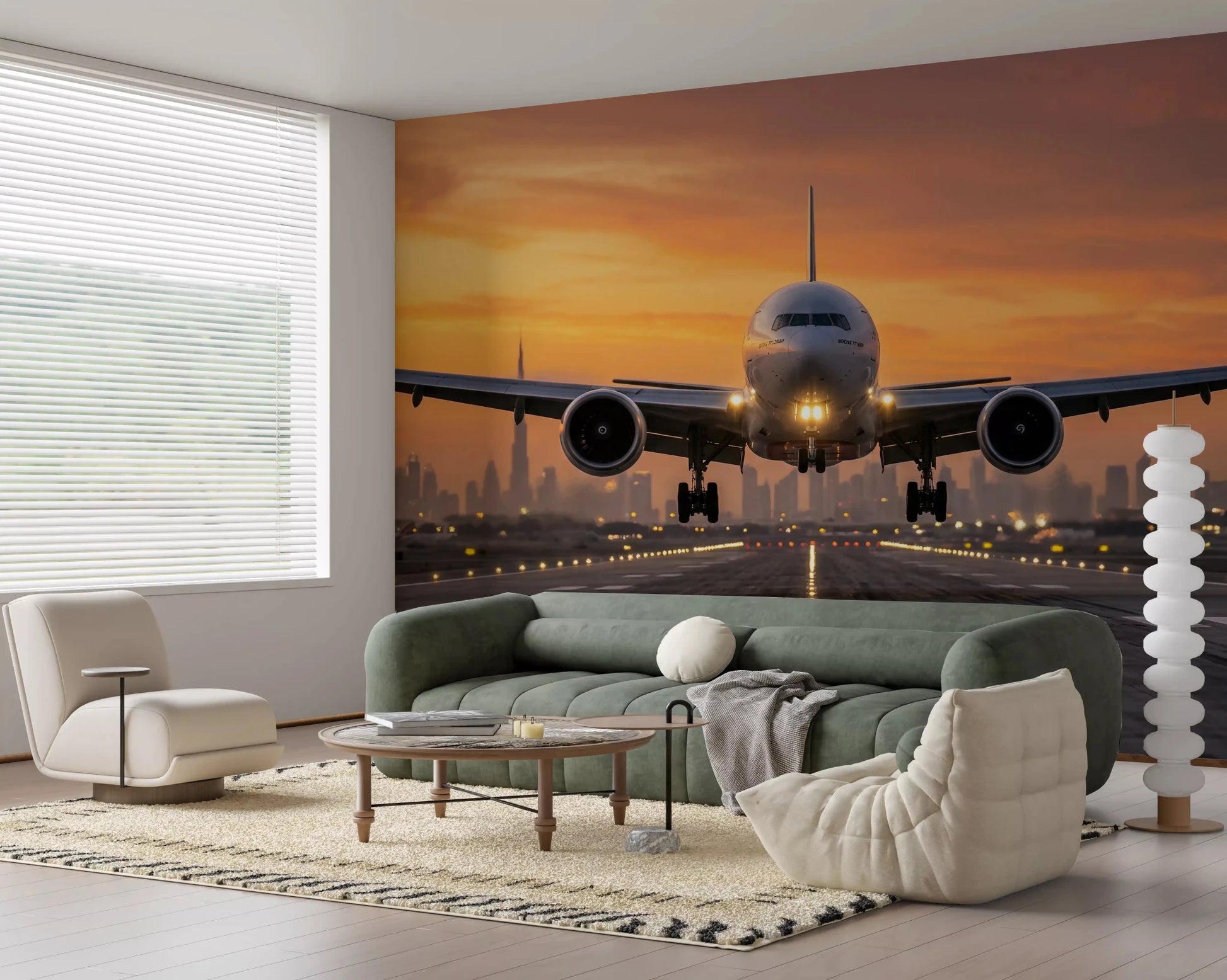 Modern Golden Hour Flight runway airplane mural with lights