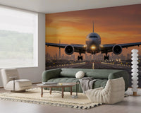 Modern Golden Hour Flight runway airplane mural with lights
