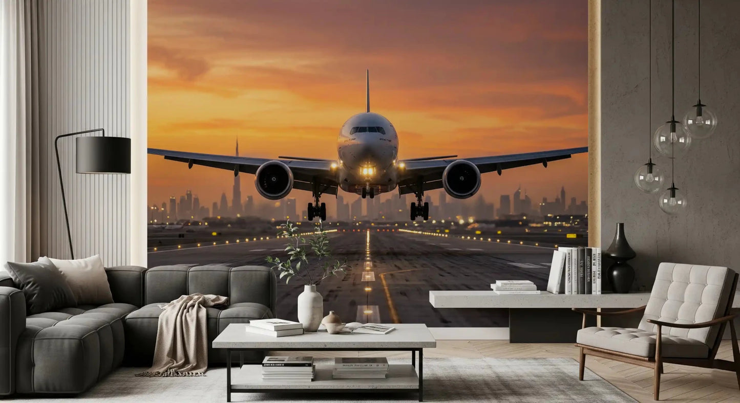 Realistic Golden Hour Flight airplane runway mural perspective