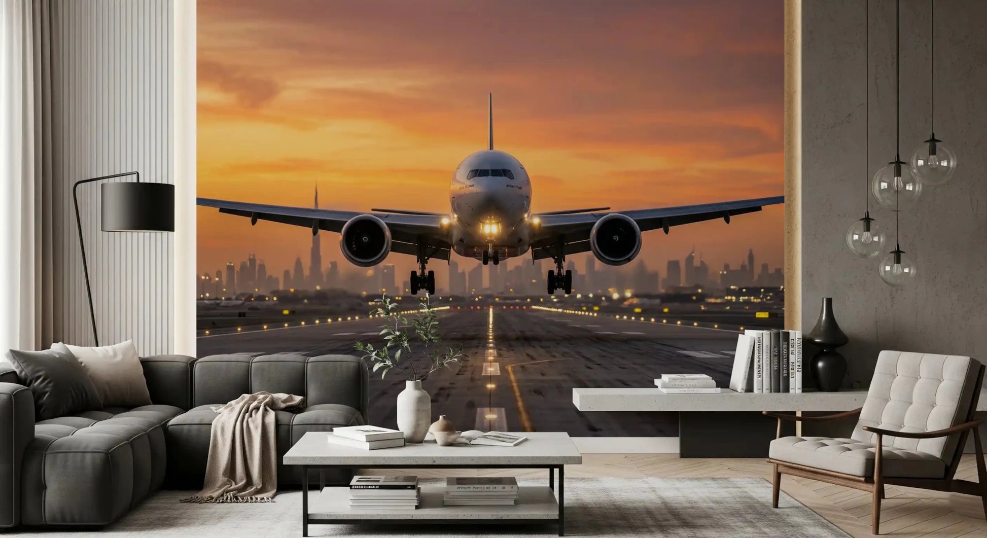 Realistic Golden Hour Flight airplane runway mural perspective