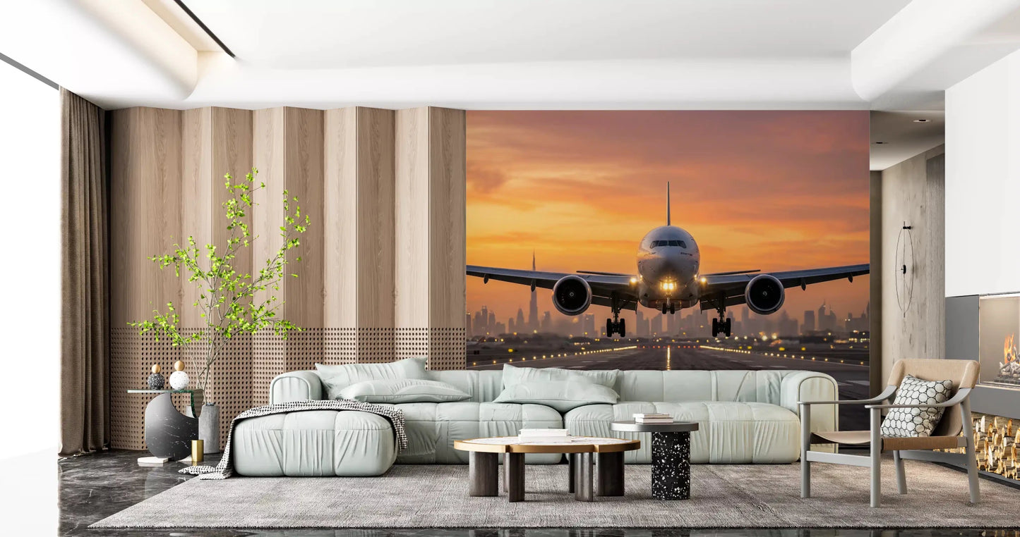 Stunning Golden Hour Flight aircraft skyline mural at sunset