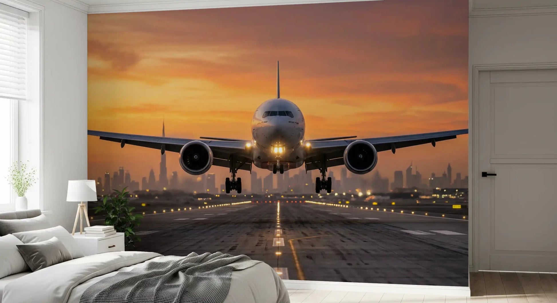 Featuring Golden Hour Flight jet runway mural in bedroom