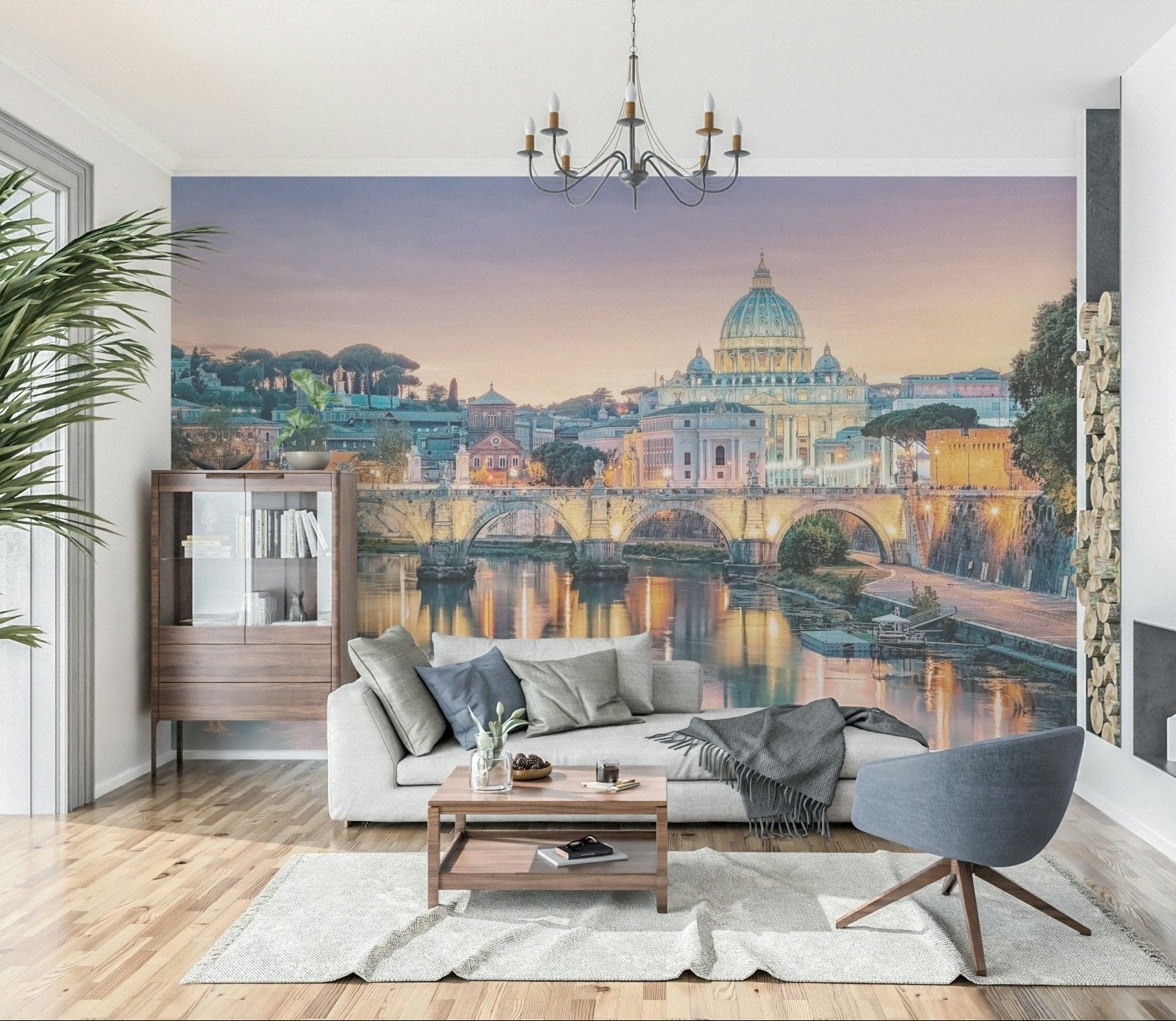 Golden Hour in Rome wallpaper mural of St Peter's dome and the Tiber behind a white sofa and gray armchair