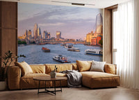 Golden Hour on the Thames wall mural applied in a modern living room.