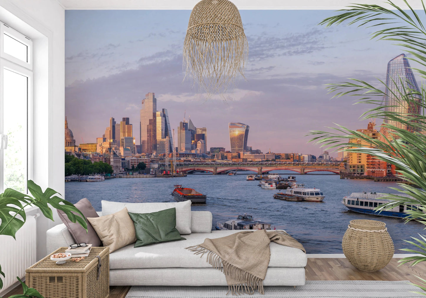 Elegant hallway adorned with the Golden Hour on the Thames wallpaper.