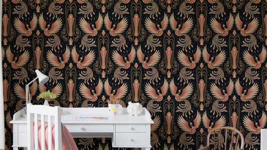 Golden hour phoenix wall mural for dramatic interiors


