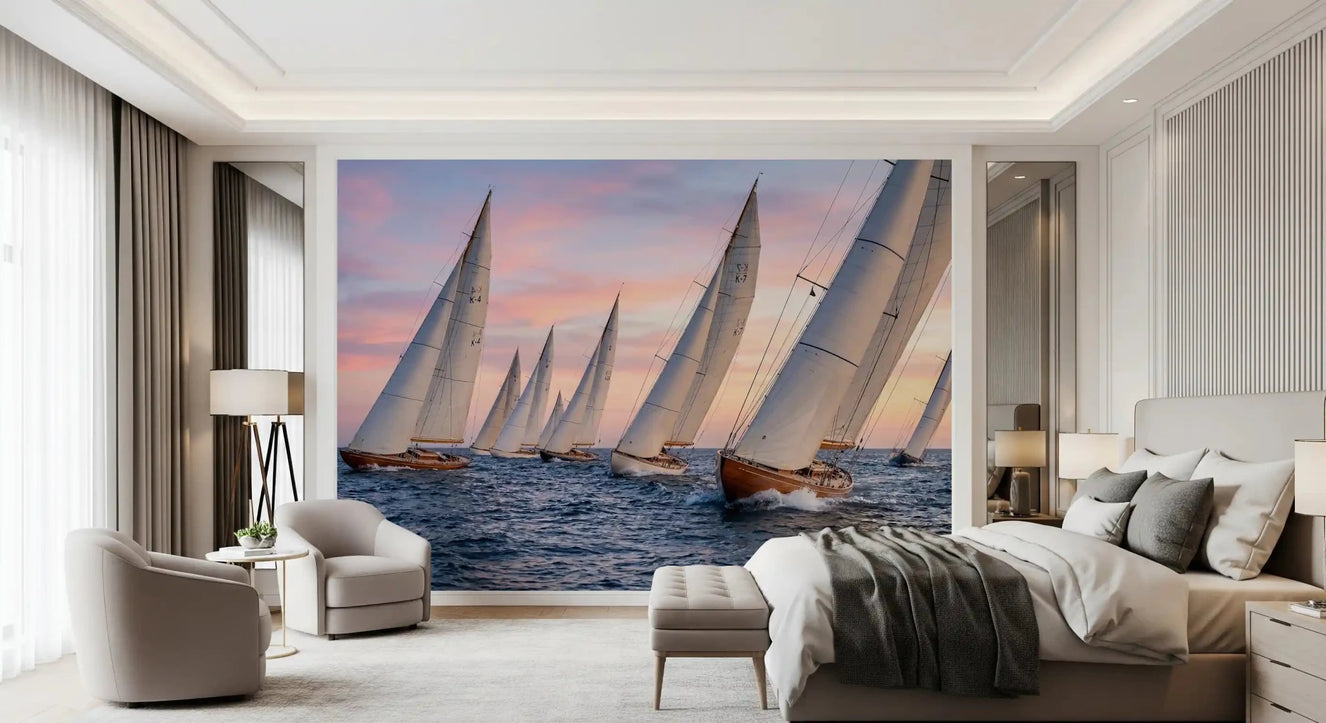 Bedroom featuring coastal wall mural with white yachts at sea