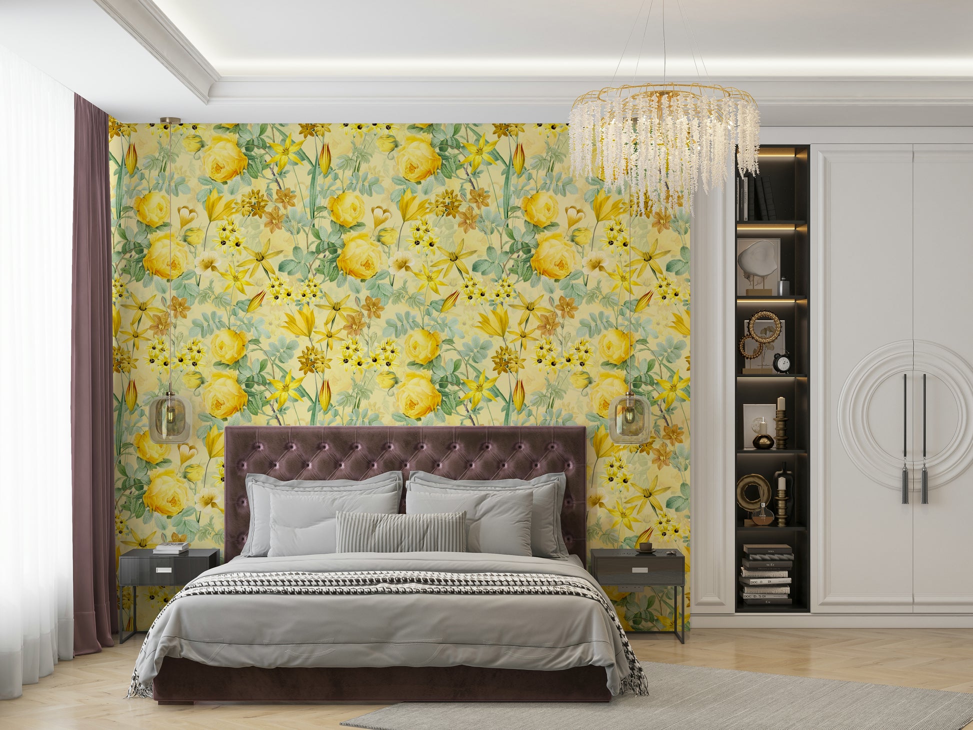 Elegant golden hour rose mural for living room walls

