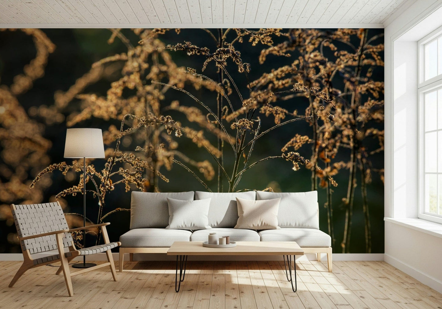 Neutral floral wallpaper for bedroom headboard wall, warm colour and calm mood