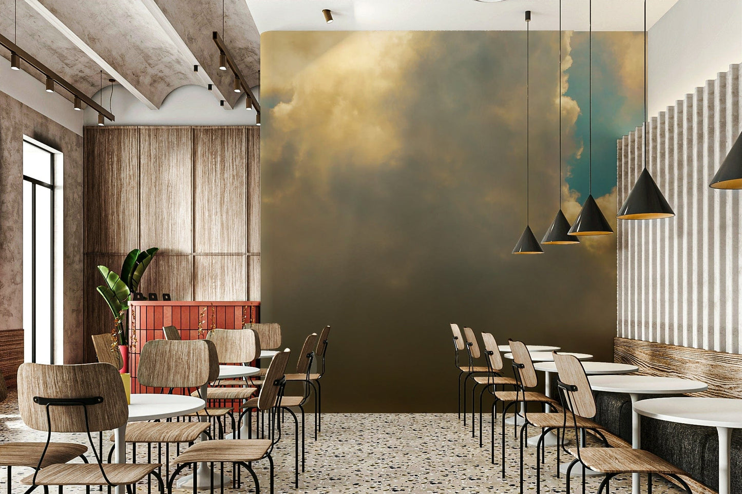 A graceful subtle cloudscape wall mural in cool, natural tones.

