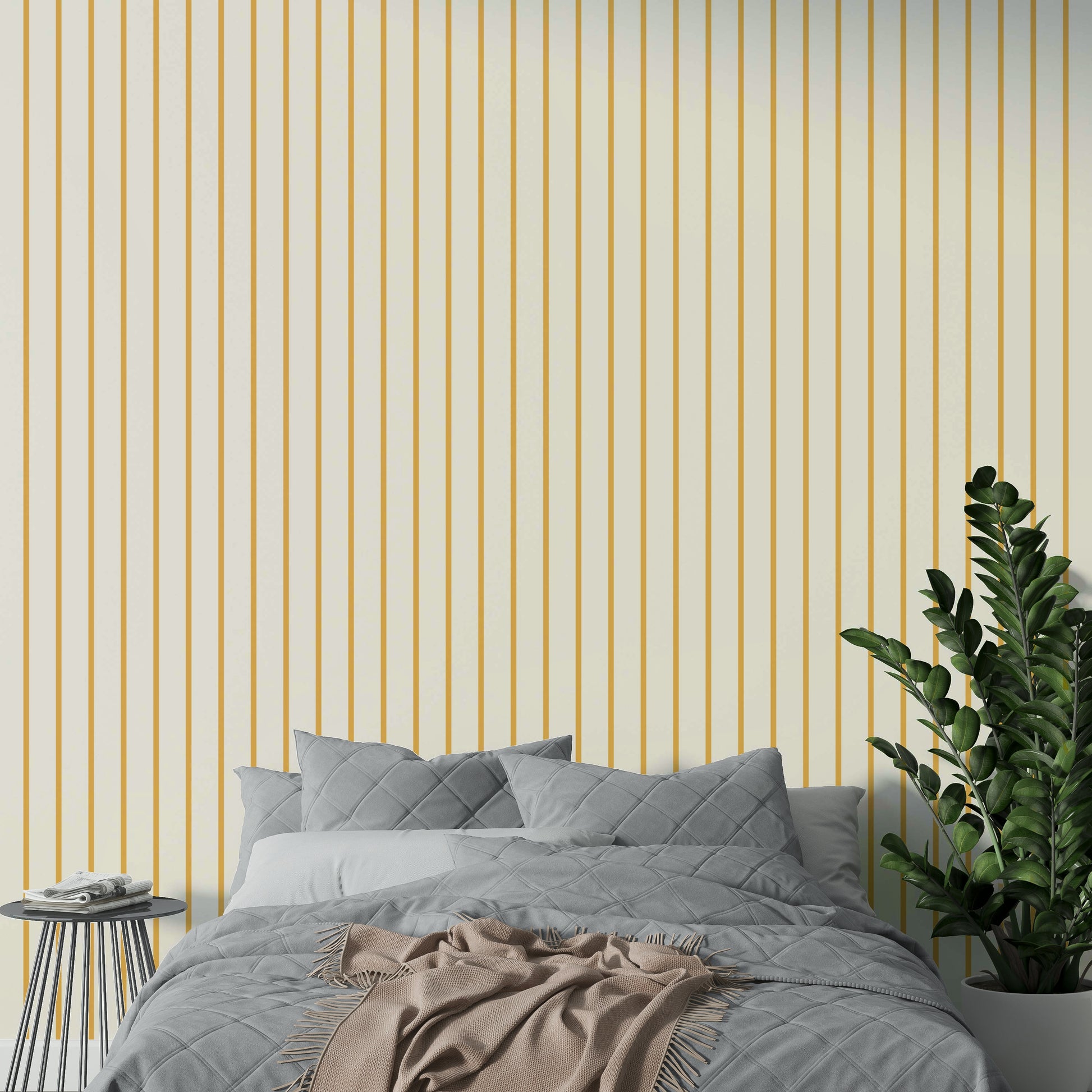 Sunny yellow striped wallpaper in modern interior

