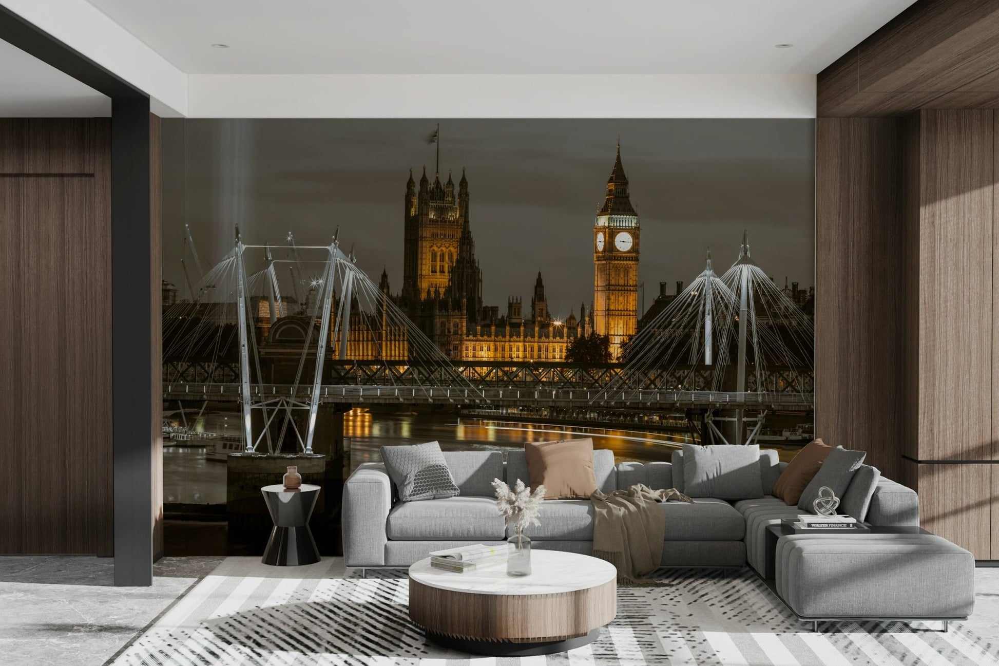 Bridge lights reflecting on the Thames in a dramatic wall mural

