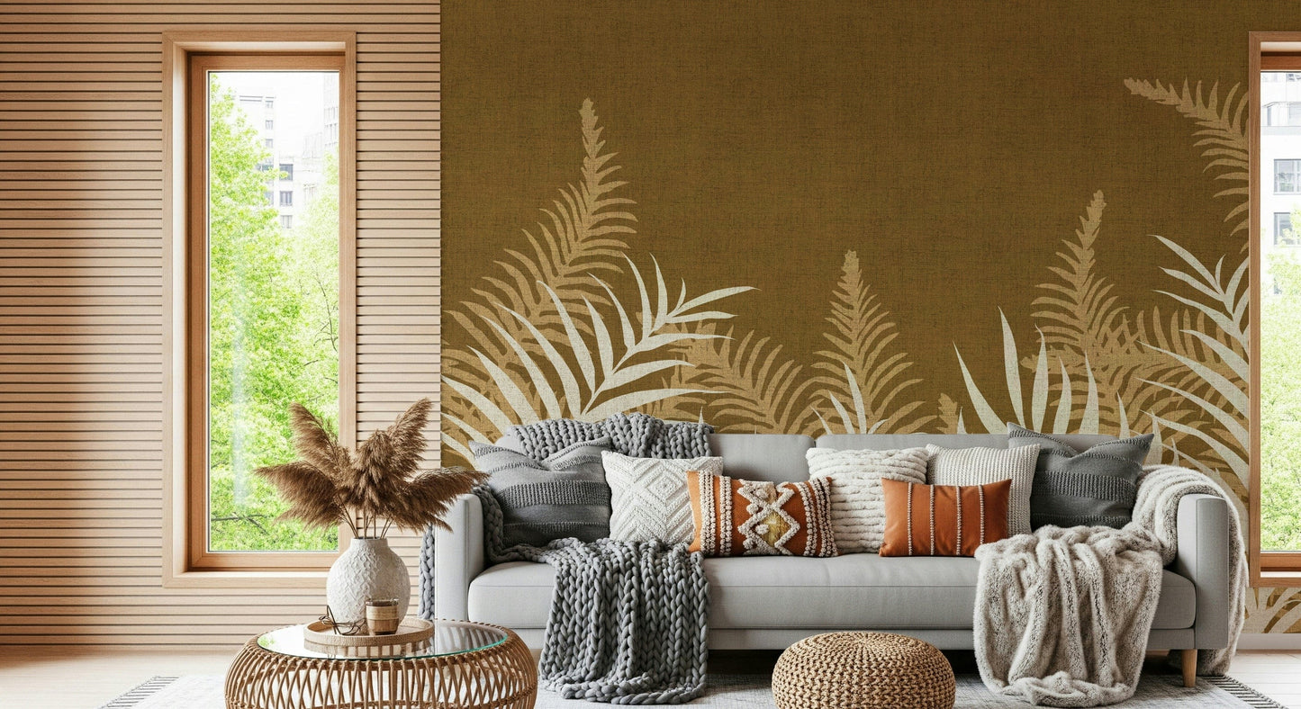 Designer wall mural with graceful jungle foliage, sophisticated home.