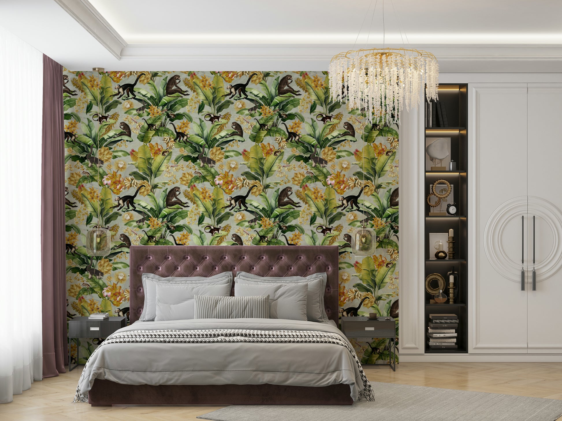 Vibrant golden jungle mural perfect for creating a bold, sophisticated atmosphere.

