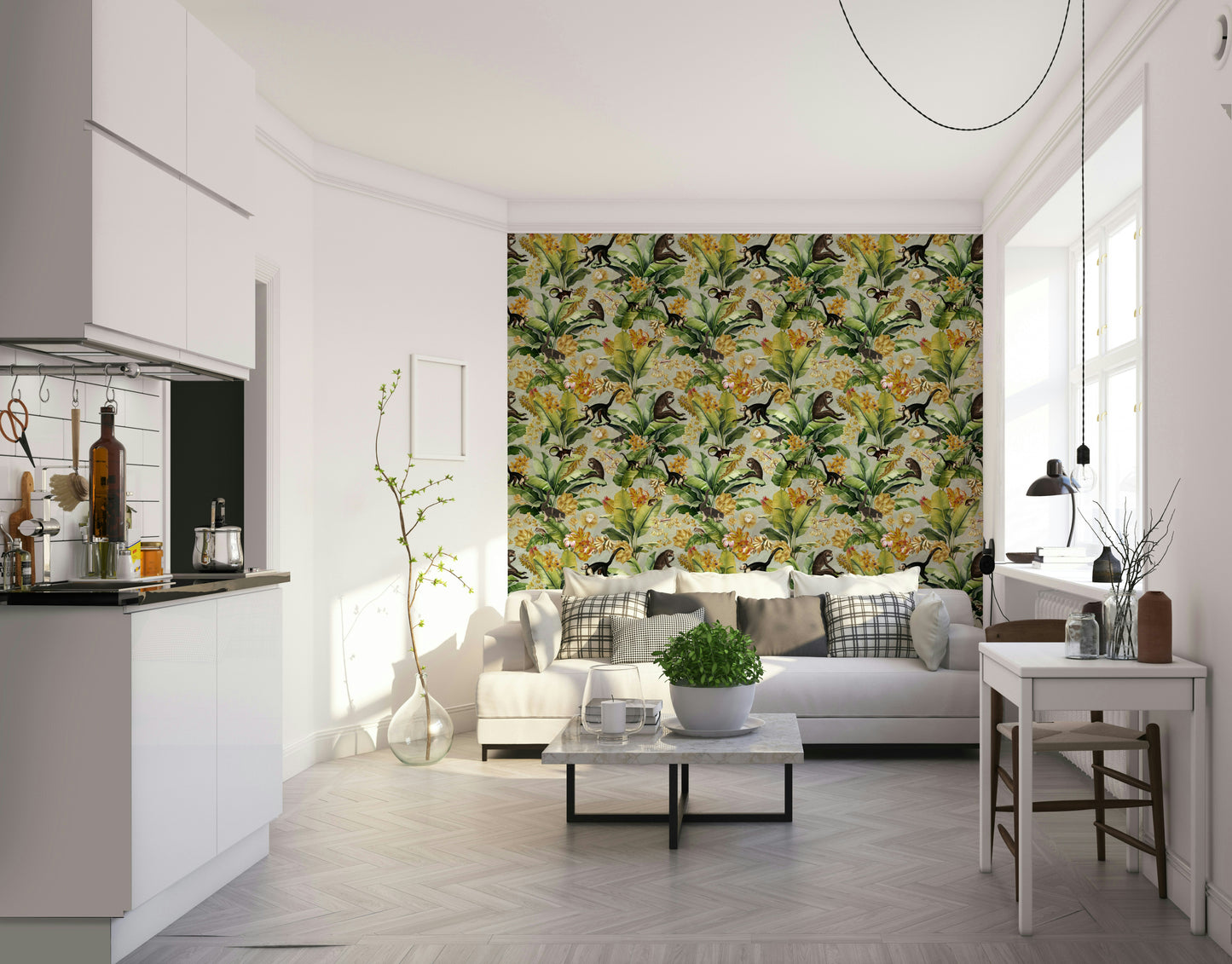 Wallpaper with lush greenery, exotic creatures, and luxurious gold elements.

