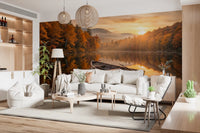 Wall mural with boat and Golden Lake fall trees adds calm style to a living room