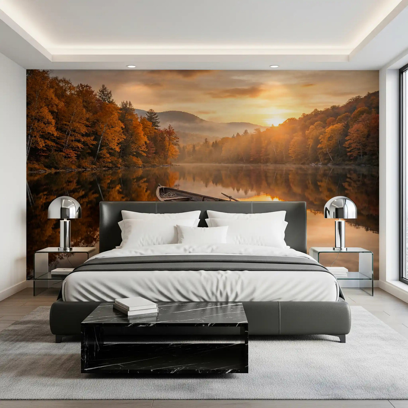 Golden Lake Escape wall mural suits a bedroom with warm autumn lake views