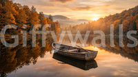 Golden lake wall mural highlights sunrise reflections across a peaceful forest lake