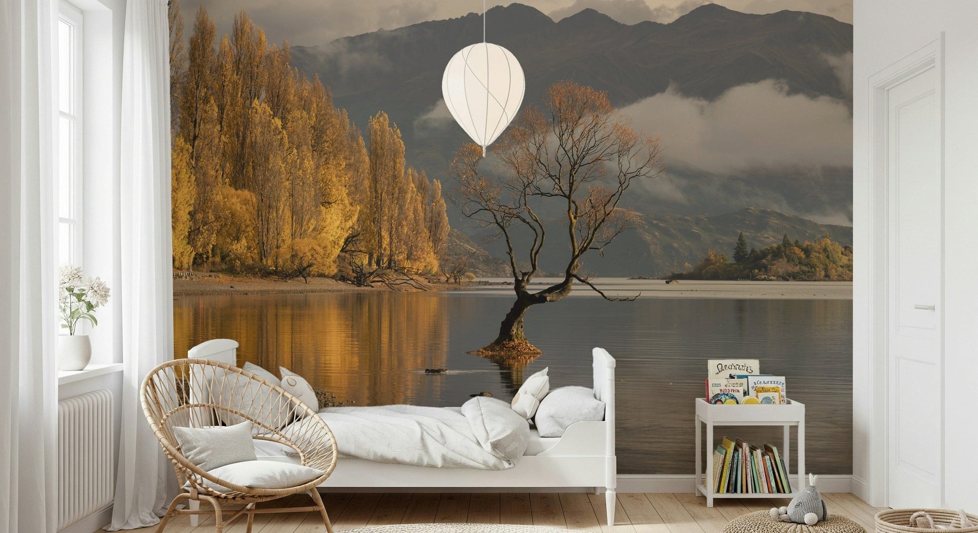 Woodland reflection mural behind bed, warm color foliage, modern bedroom wall decor