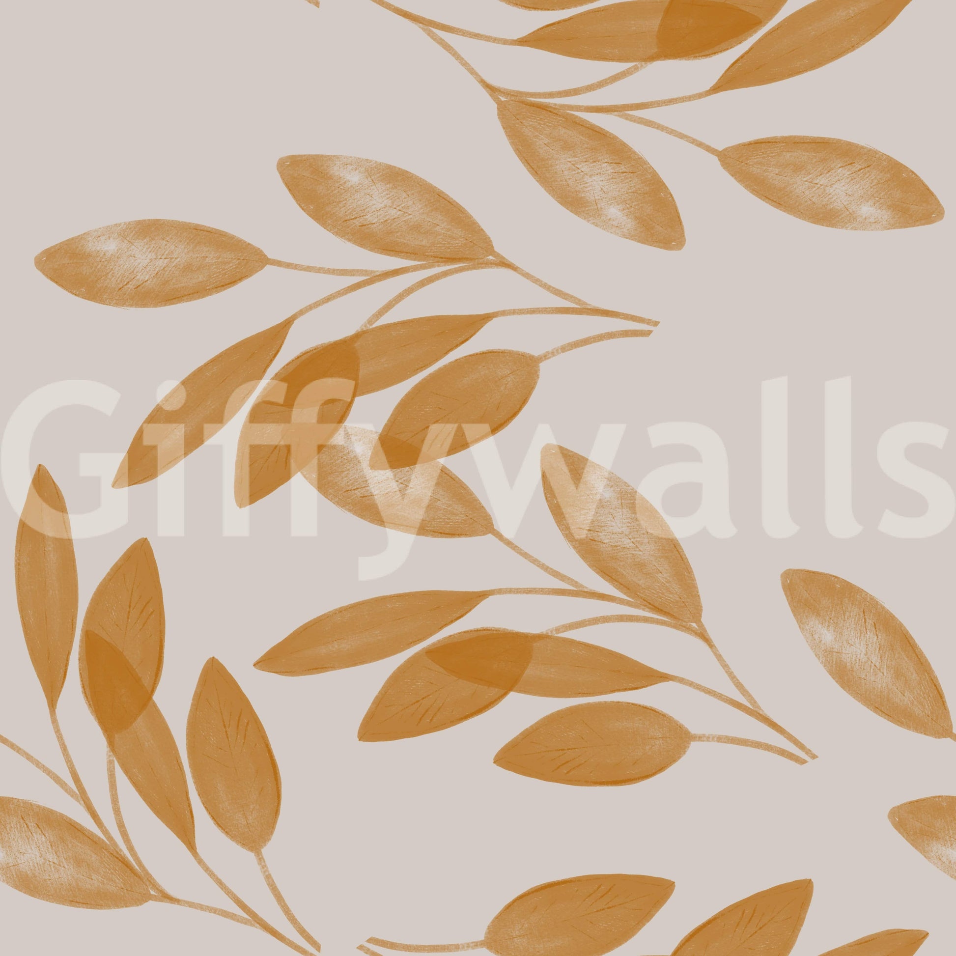 Golden leafy branches scattered across a calm beige wallpaper for a warm, earthy vibe.