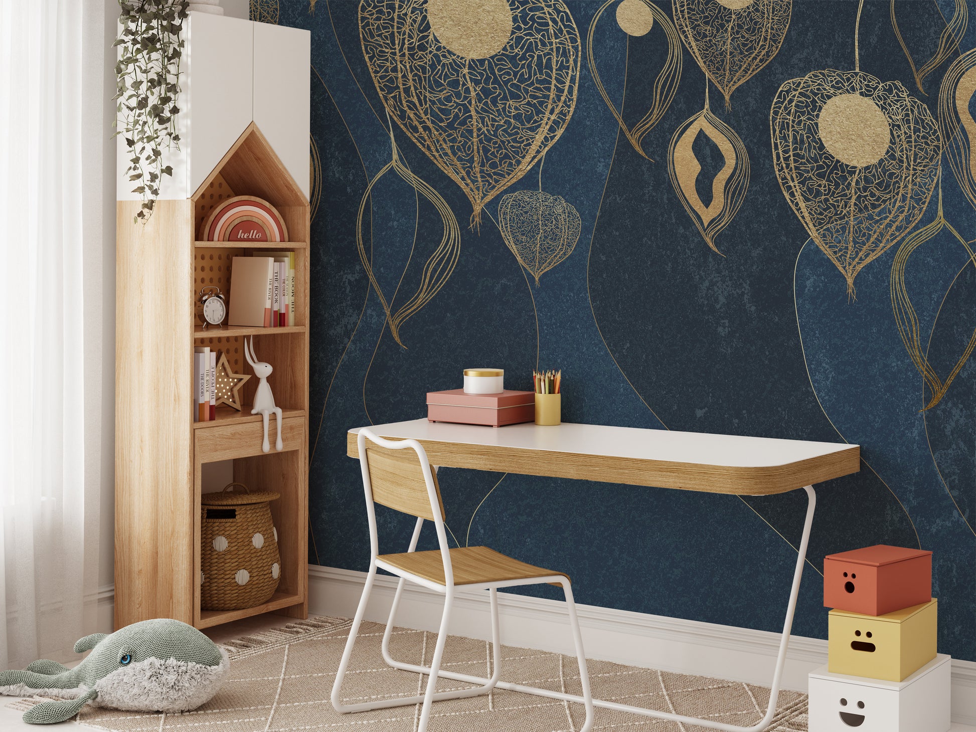 Golden Leaves on Dark Blue Wallpaper Murals - Giffywalls
