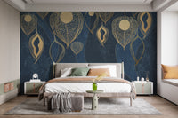 Golden Leaves on Dark Blue Wallpaper Murals - Giffywalls