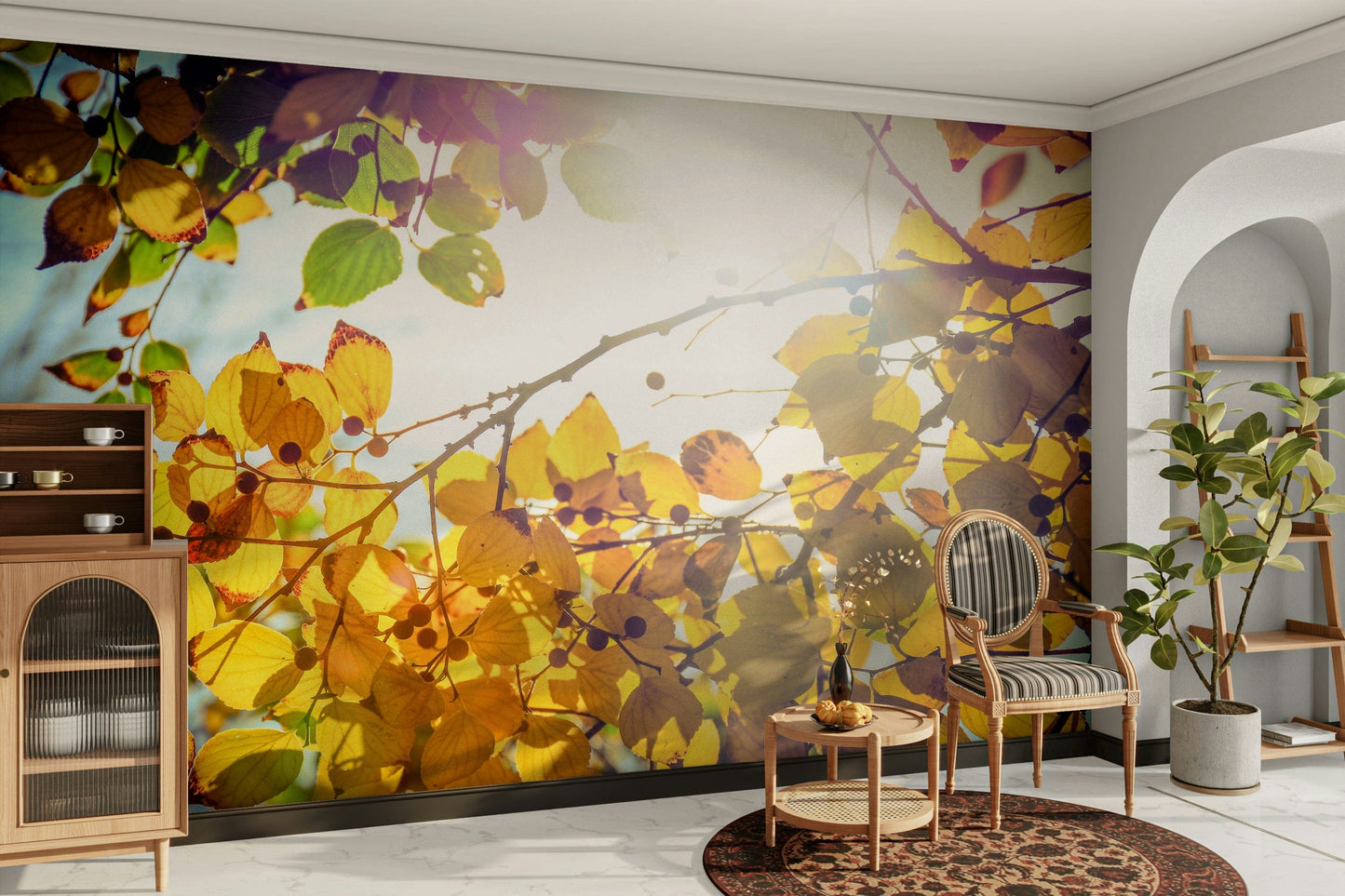 An artistic winter forest mural on minimalist wallpaper.

