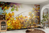 An artistic winter forest mural on minimalist wallpaper.

