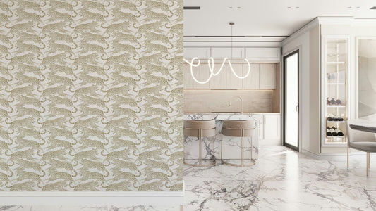 Bold golden leopard print wall covering adding a stylish, exotic touch to rooms.