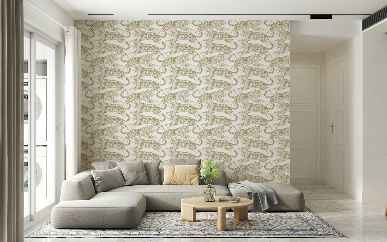 Glamorous golden leopard spot wallpaper adding texture and style to home decor.