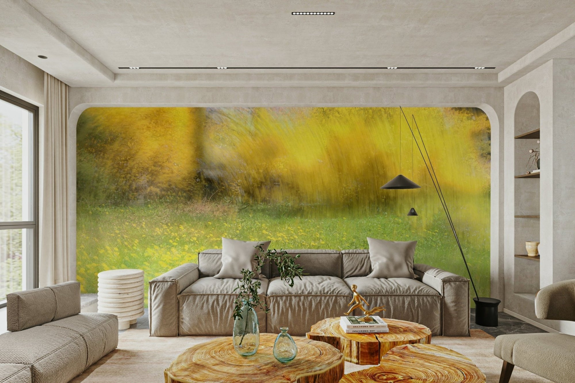 Golden Meadow Abstract Art vibrant landscape wall mural behind a taupe sofa with wood log-slice tables in a living room