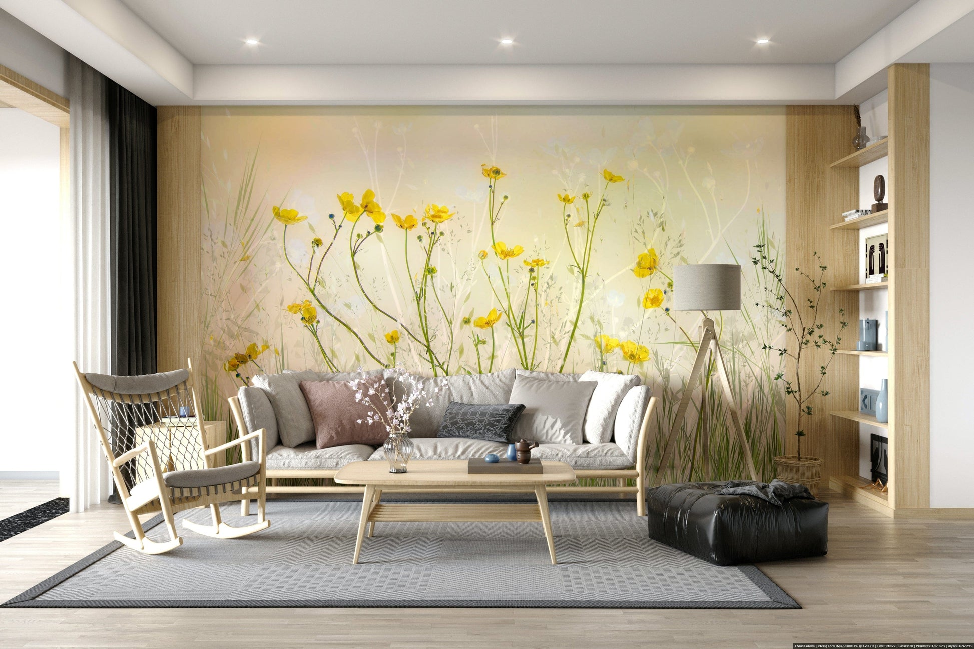 A beautiful wide-angle wall mural of a peaceful field.

