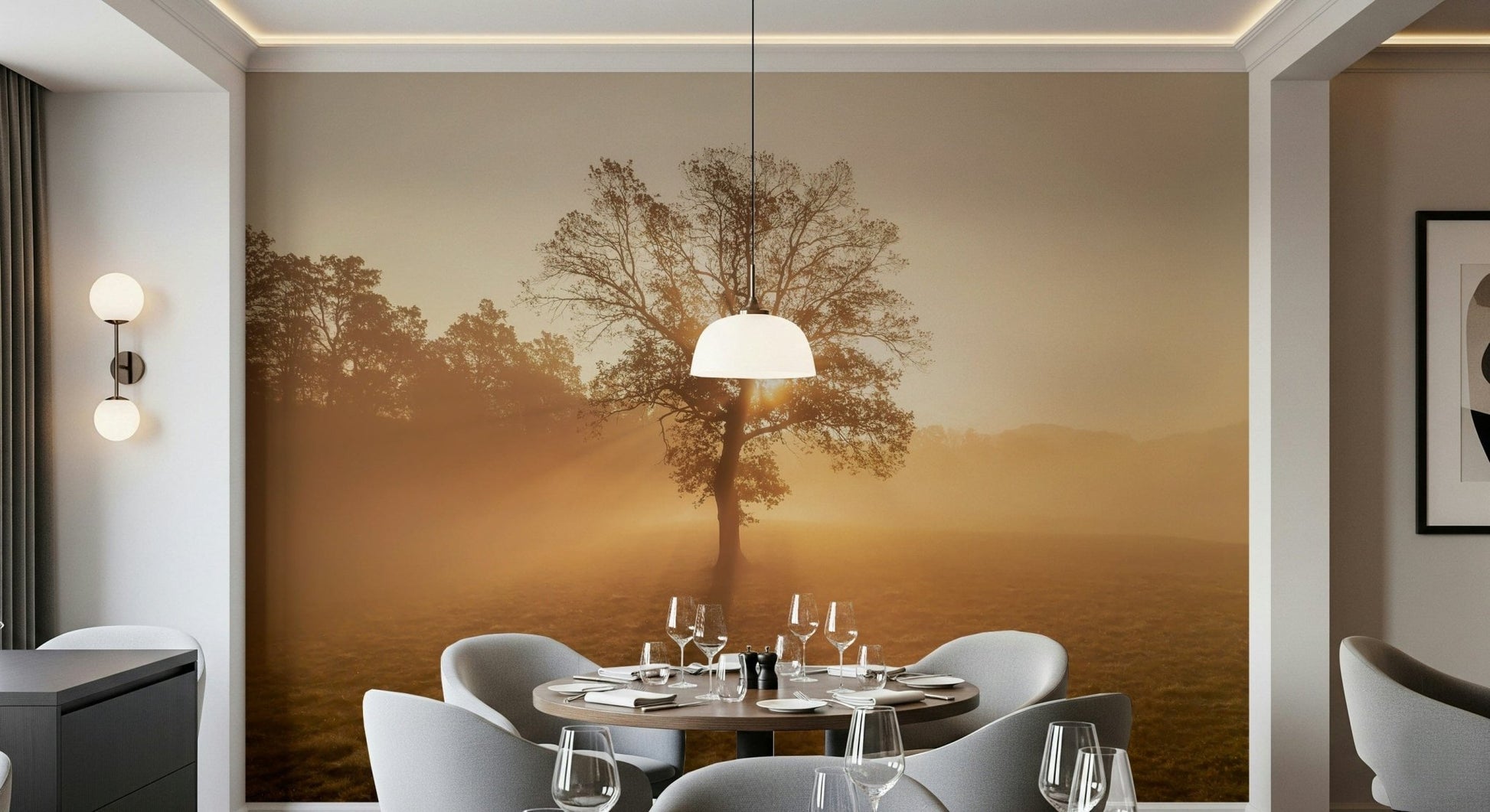 Beautiful Golden Mist misty morning wall covering, field grass.