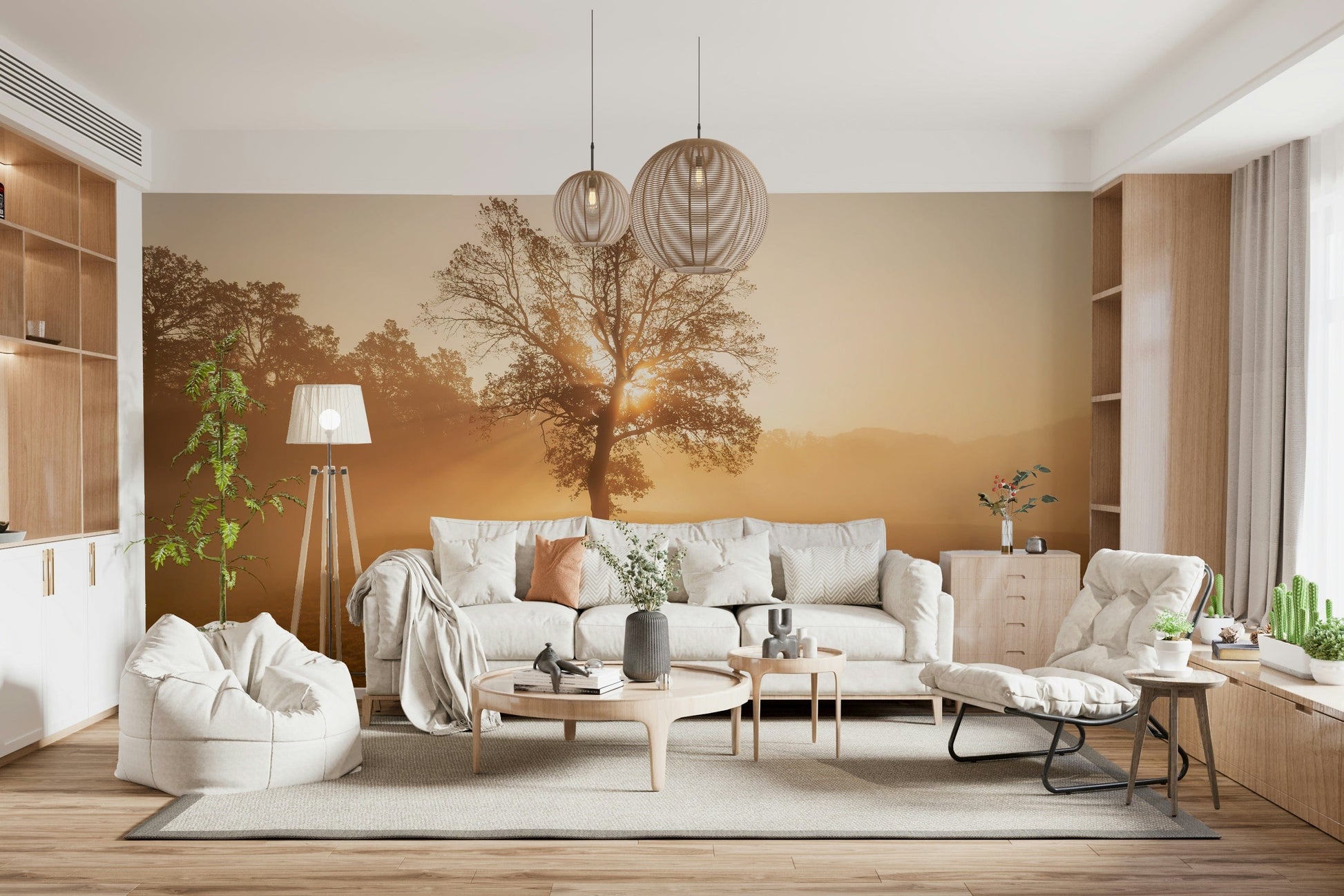 Majestic Golden Mist oak tree wallpaper, glowing morning light.