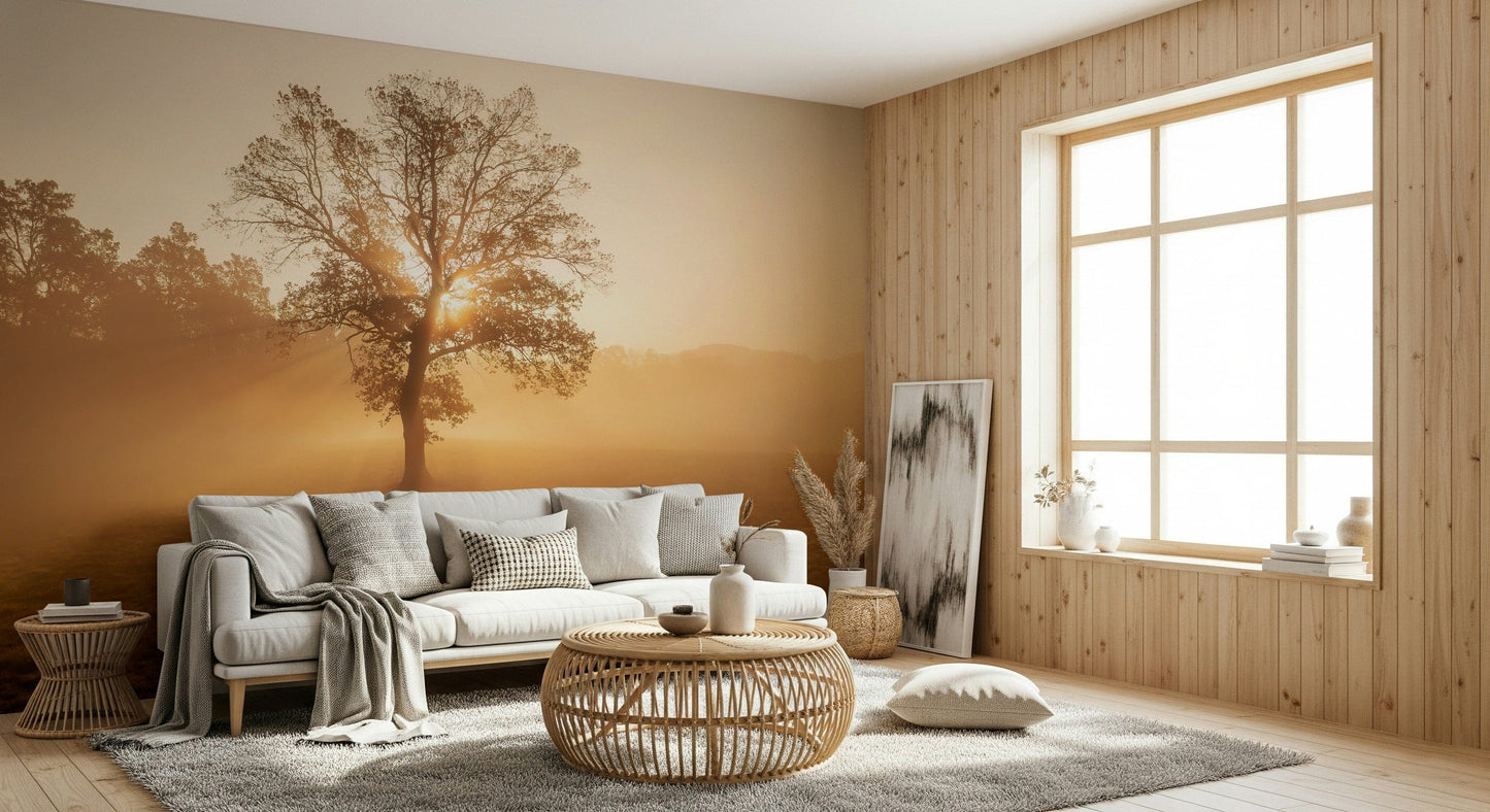 Peaceful Golden Mist wall art, morning fog solitary oak.