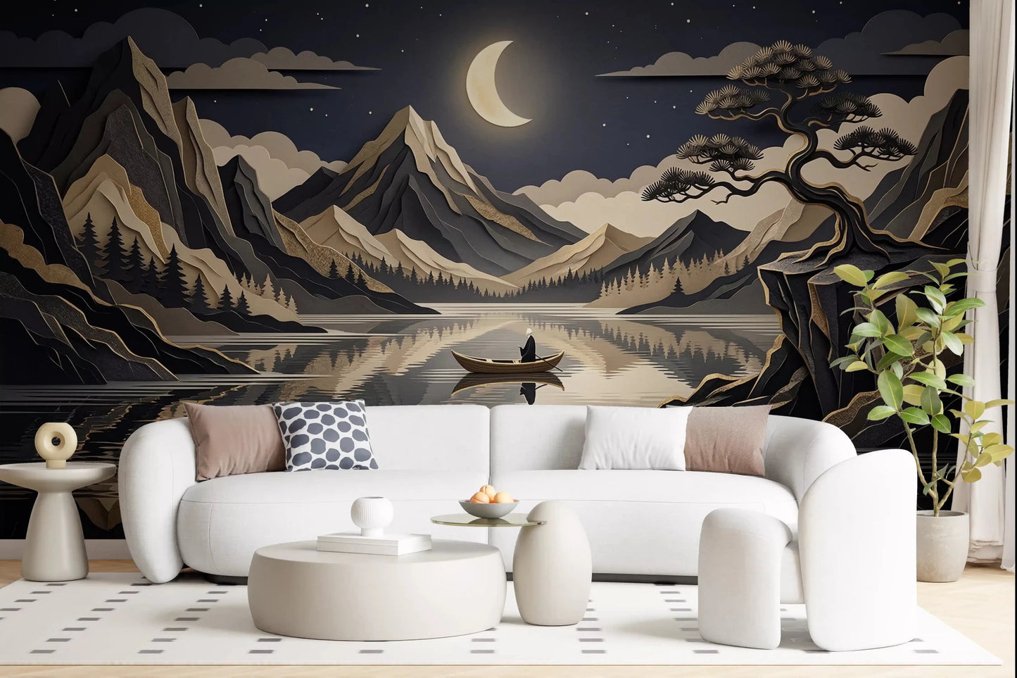 Moonlit mountain wall mural with layered peaks and calm water