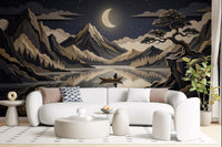 Moonlit mountain wall mural with layered peaks and calm water