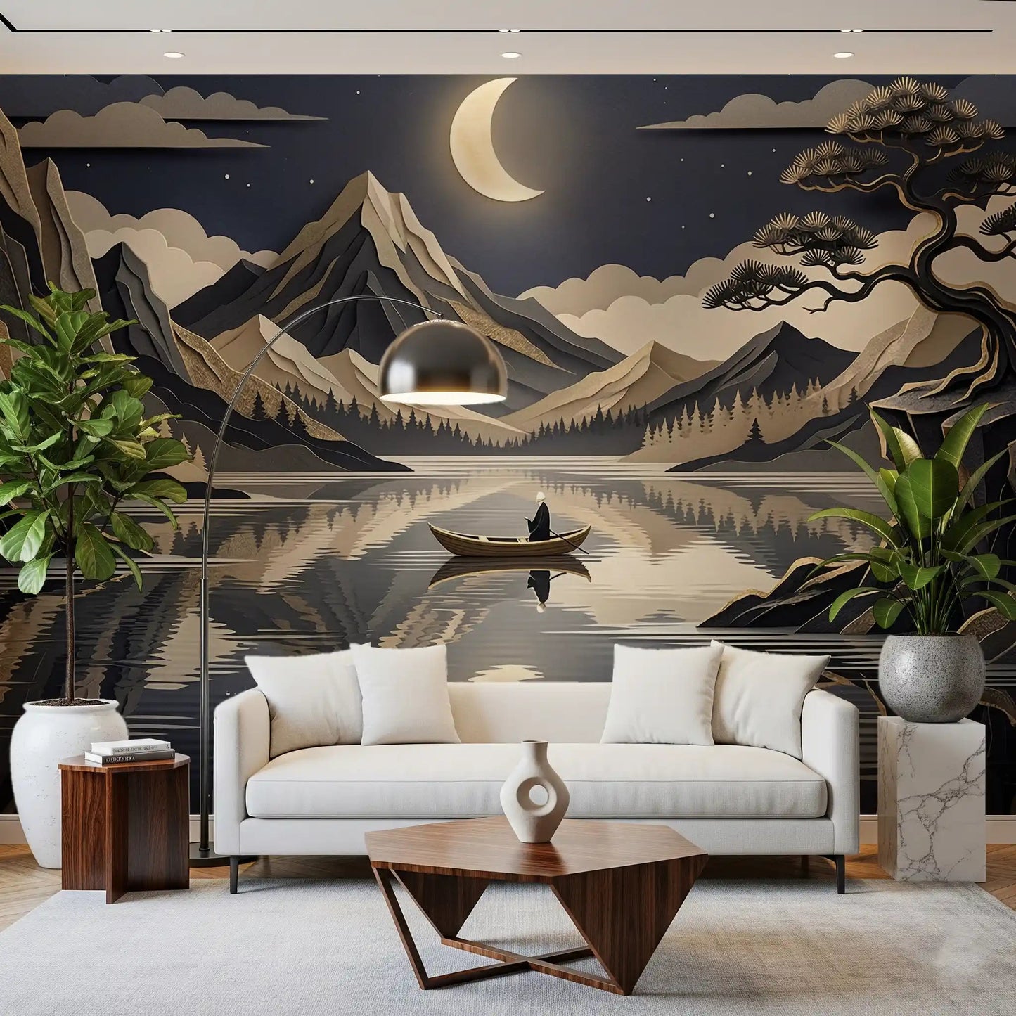 Office room layered peaks wall mural with moonlit lake view