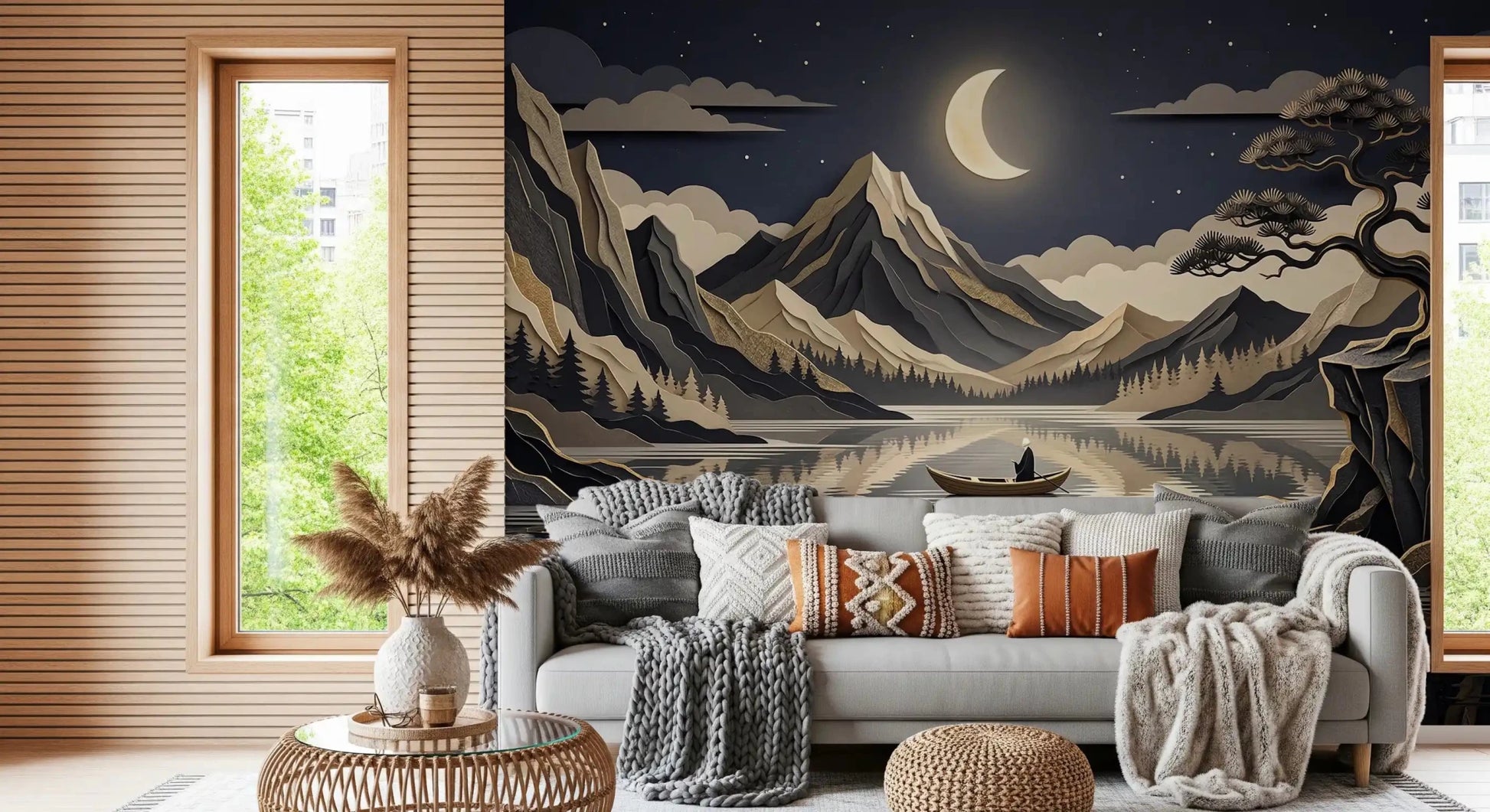 Minimal mountain wall mural with moon reflection and lake