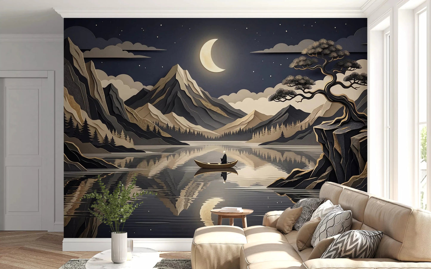 Hallway night mountain wall mural with golden moon reflection