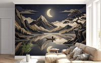 Hallway night mountain wall mural with golden moon reflection