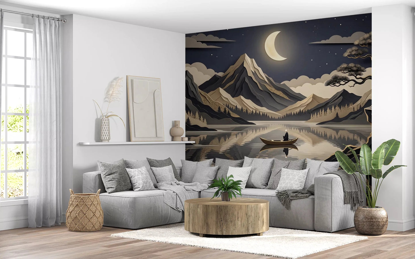 Layered mountain wall mural with lake reflection and moonlight