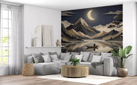 Layered mountain wall mural with lake reflection and moonlight